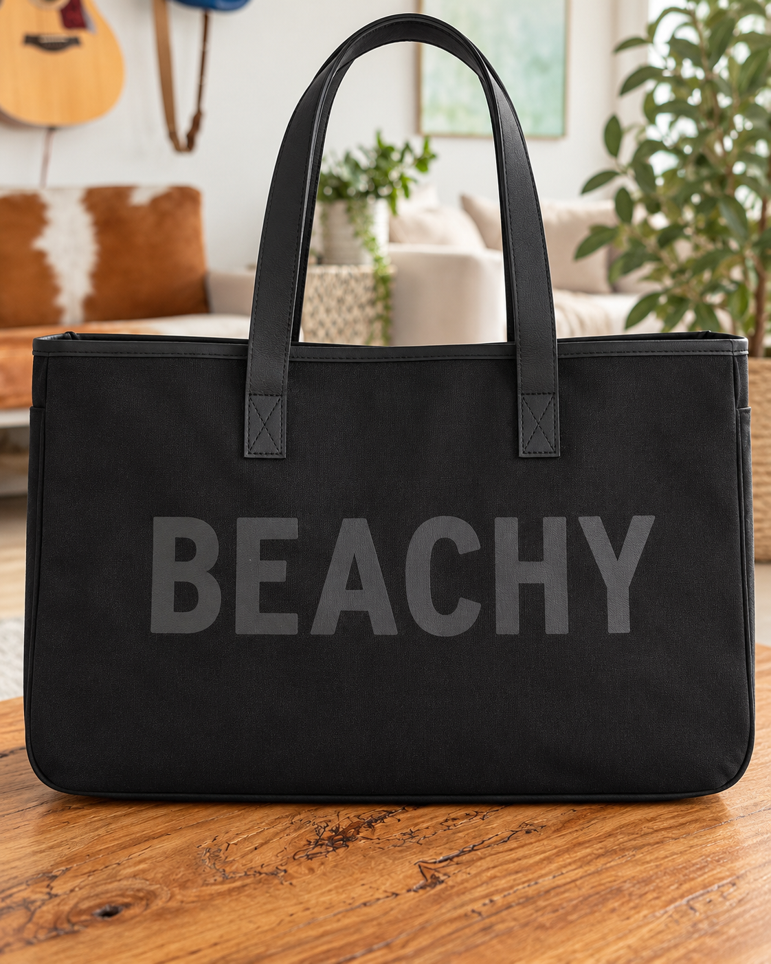 Beachy Black Canvas Tote Bag with Genuine Leather Handles Made in USA