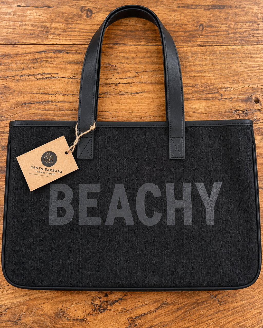 Beachy Black Canvas Tote Bag with Genuine Leather Handles Made in USA