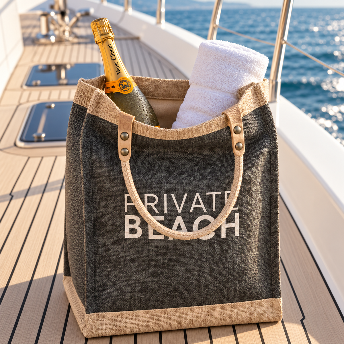 Private Beach Jute Tote Bag with Genuine Leather Handles Interior Pocket Made in USA