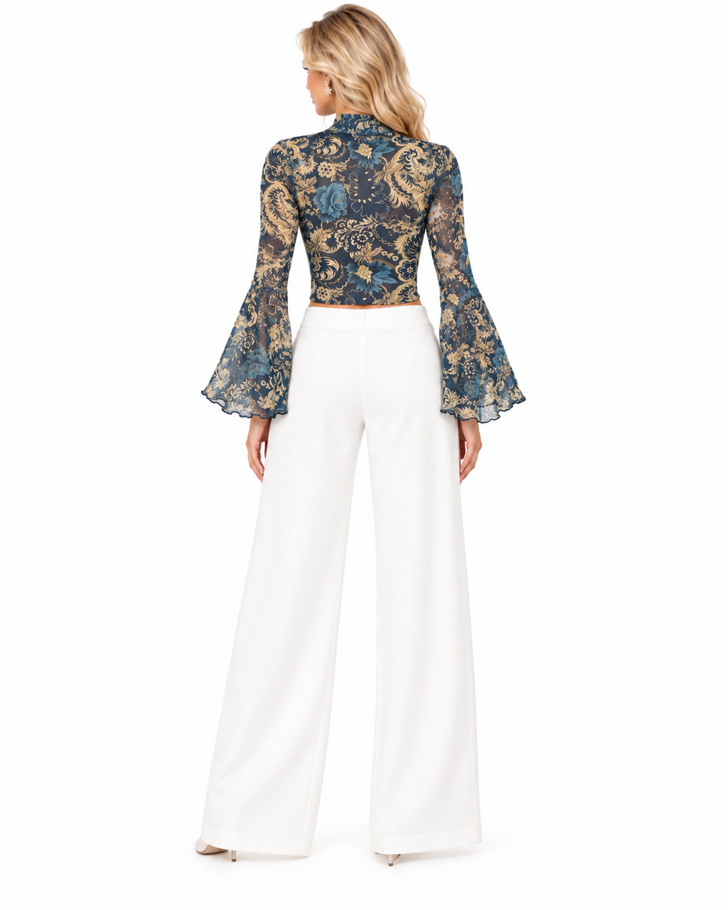 Alice + Olivia Navy Blue Floral Bell Sleeve Mock Neck Semi-Sheer Cropped Blouse