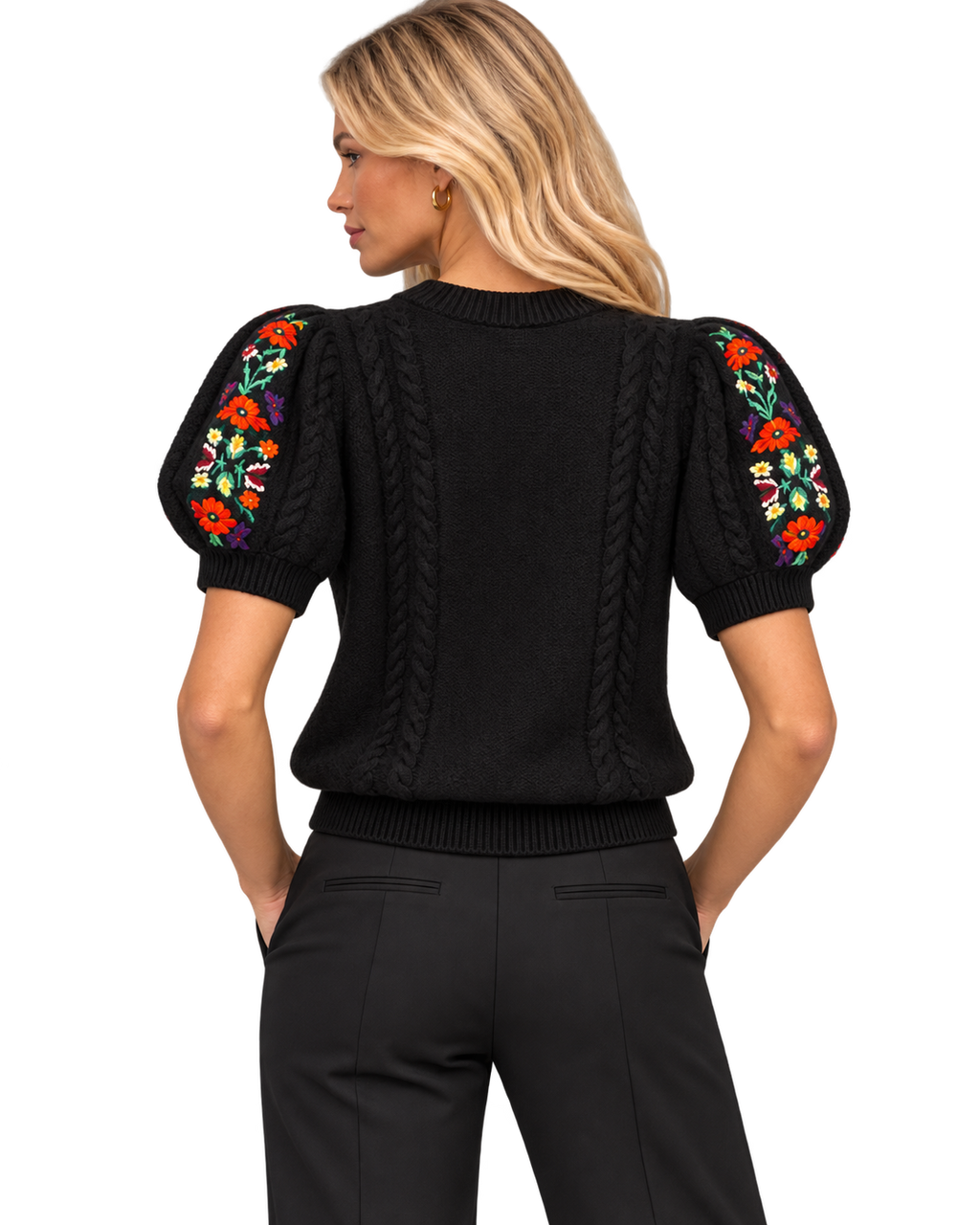 Alice + Olivia Floral Embroidered Puff Sleeve Sweater – Black