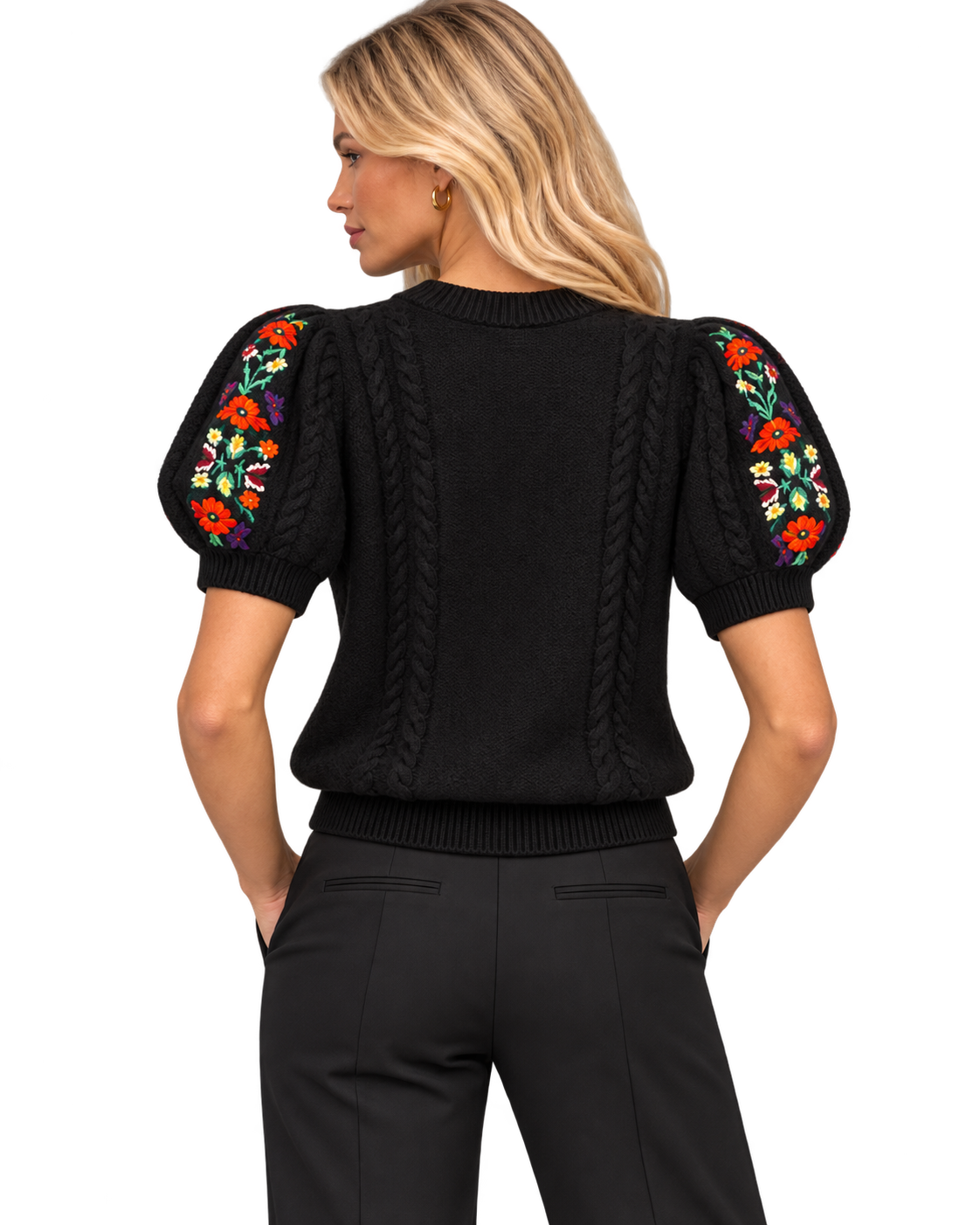 Alice + Olivia Floral Embroidered Puff Sleeve Sweater – Black