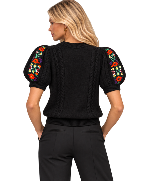 Alice + Olivia Floral Embroidered Puff Sleeve Sweater – Black