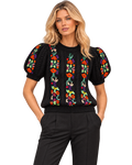 Alice + Olivia Floral Embroidered Puff Sleeve Sweater – Black