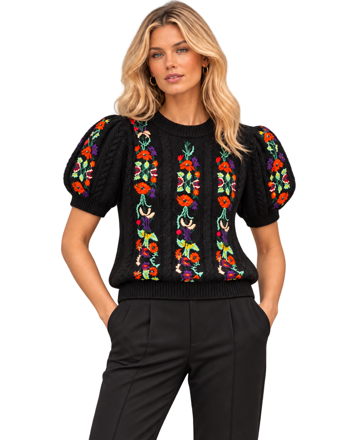 Alice + Olivia Floral Embroidered Puff Sleeve Sweater – Black