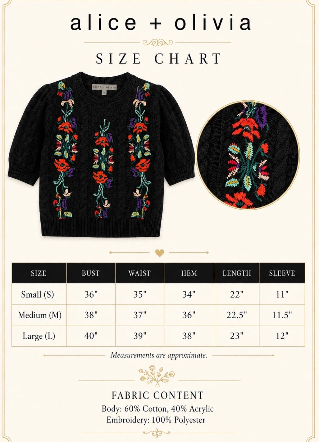 Alice + Olivia Floral Embroidered Puff Sleeve Sweater – Black