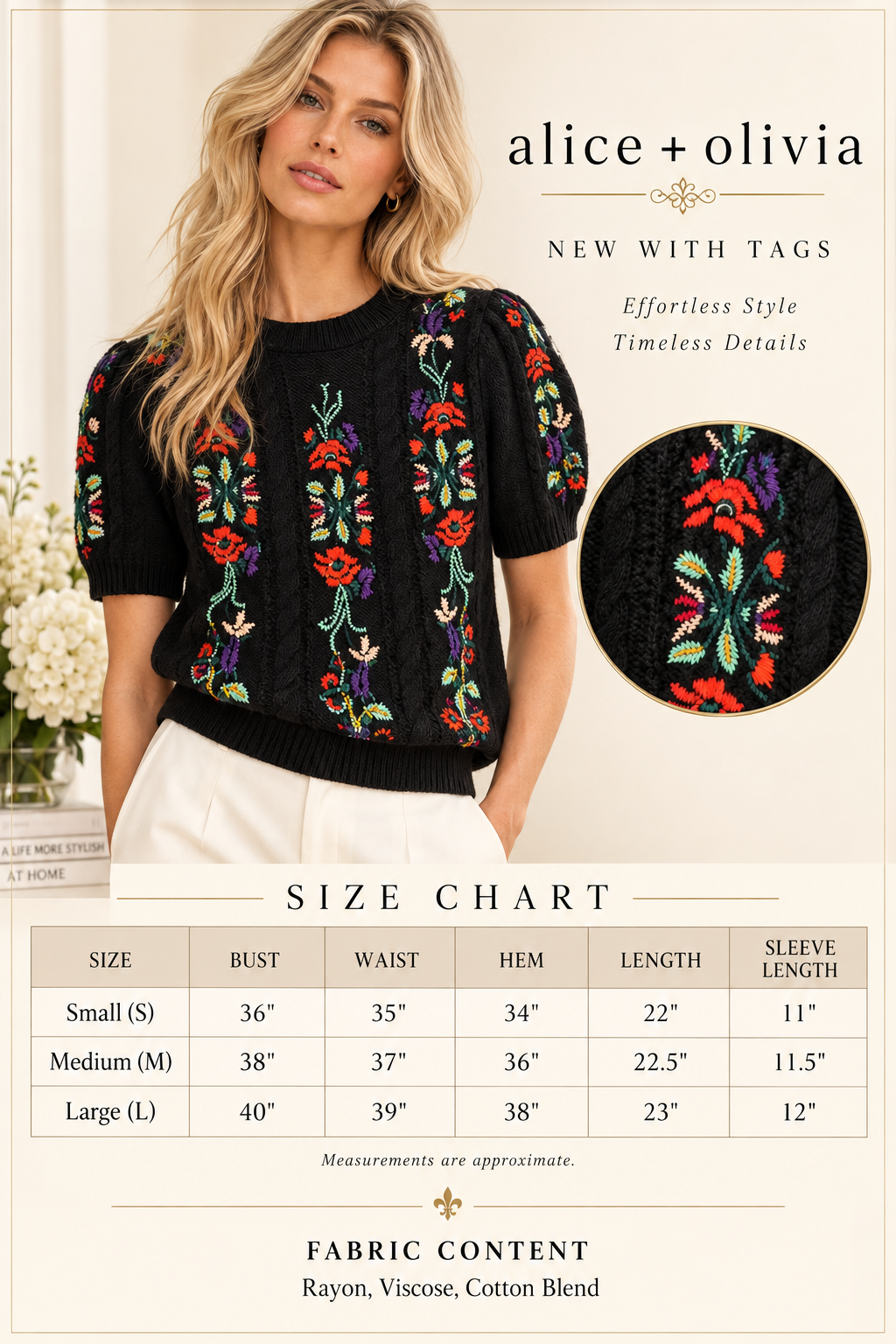 Alice + Olivia Floral Embroidered Puff Sleeve Sweater – Black