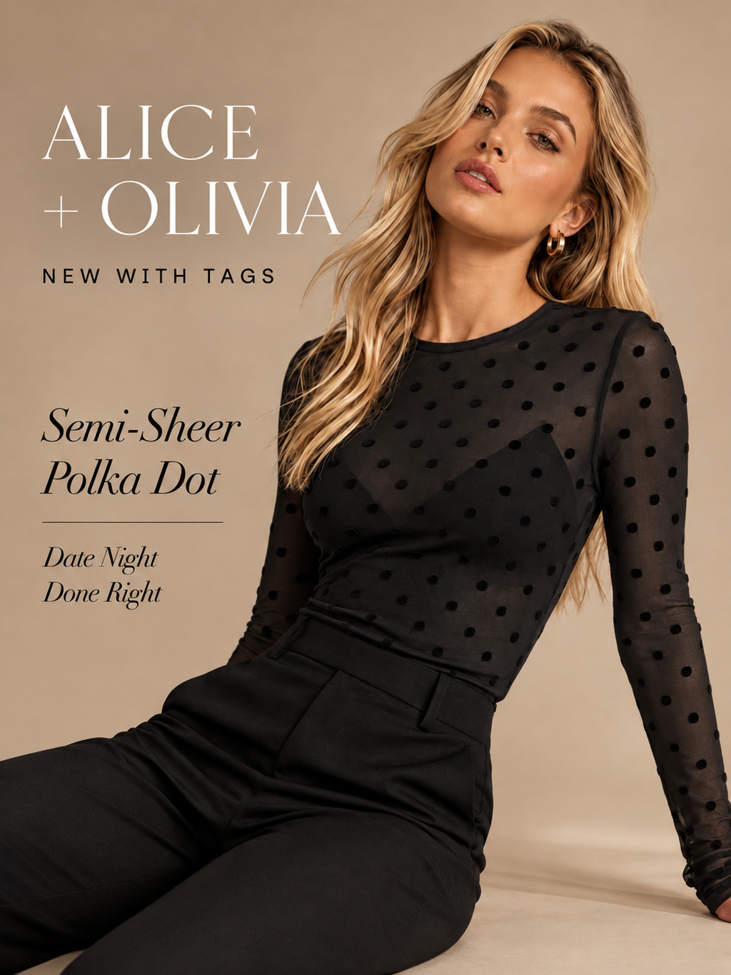 Alice + Olivia Semi-Sheer Polka Dot Mesh Blouse – Black