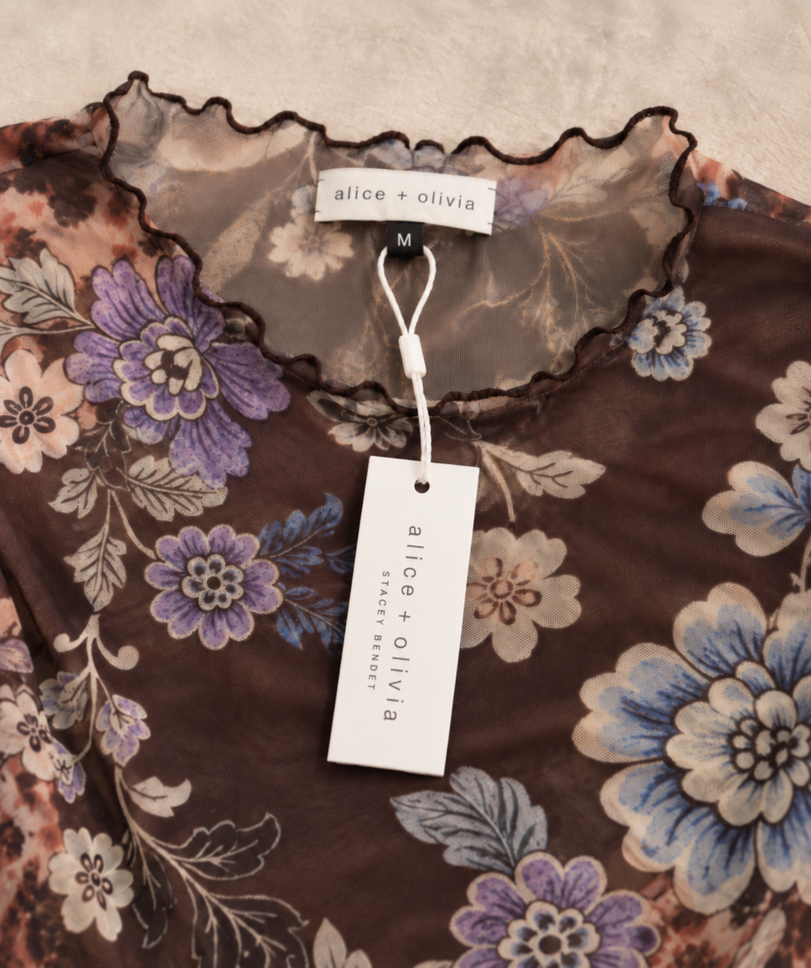 Alice + Olivia Floral Mesh Semi-Sheer Ruched Blouse