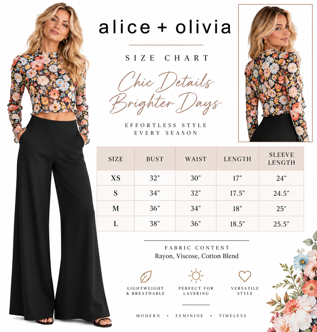 Alice + Olivia Floral Mesh Crop Top Long Sleeve Sheer Lettuce Trim Blouse