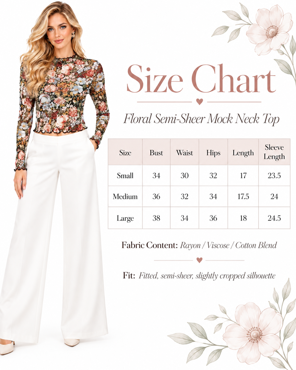 Alice + Olivia Floral Semi-Sheer Mock Neck Long Sleeve Cropped Mesh Top