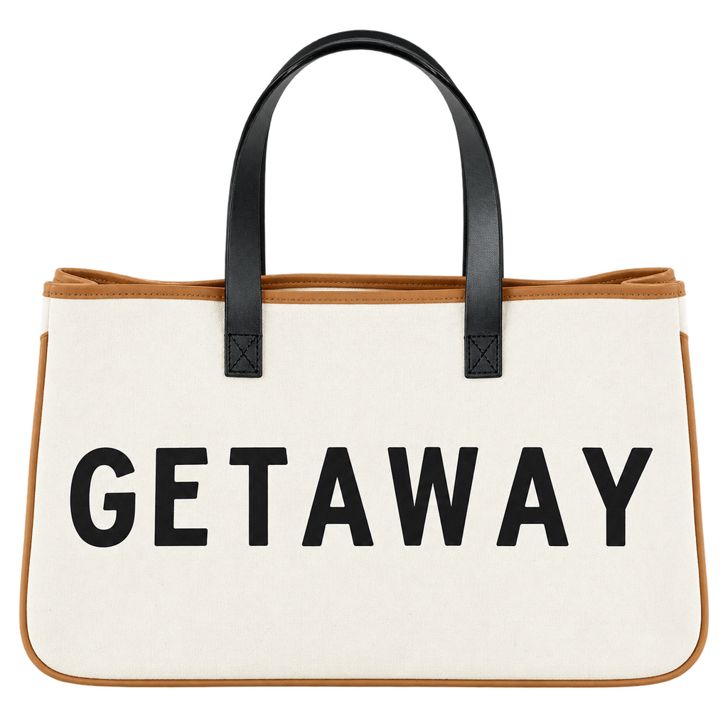 GETAWAY Canvas Tote Bag Genuine Leather Handles Large Travel Beach Weekender Shopper 20” x 11”