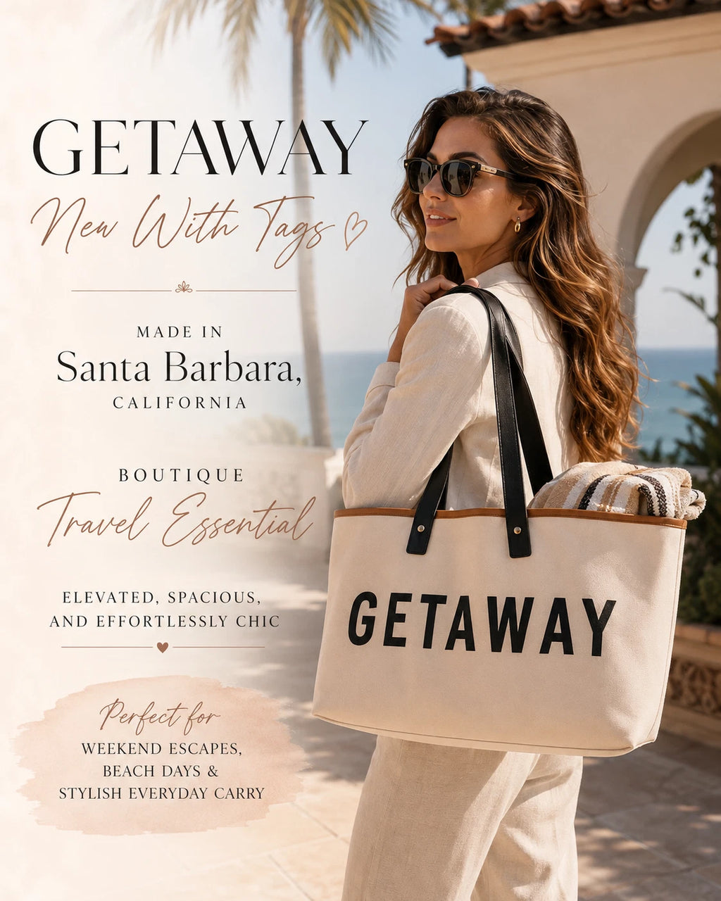 GETAWAY Canvas Tote Bag Genuine Leather Handles Large Travel Beach Weekender Shopper 20” x 11”