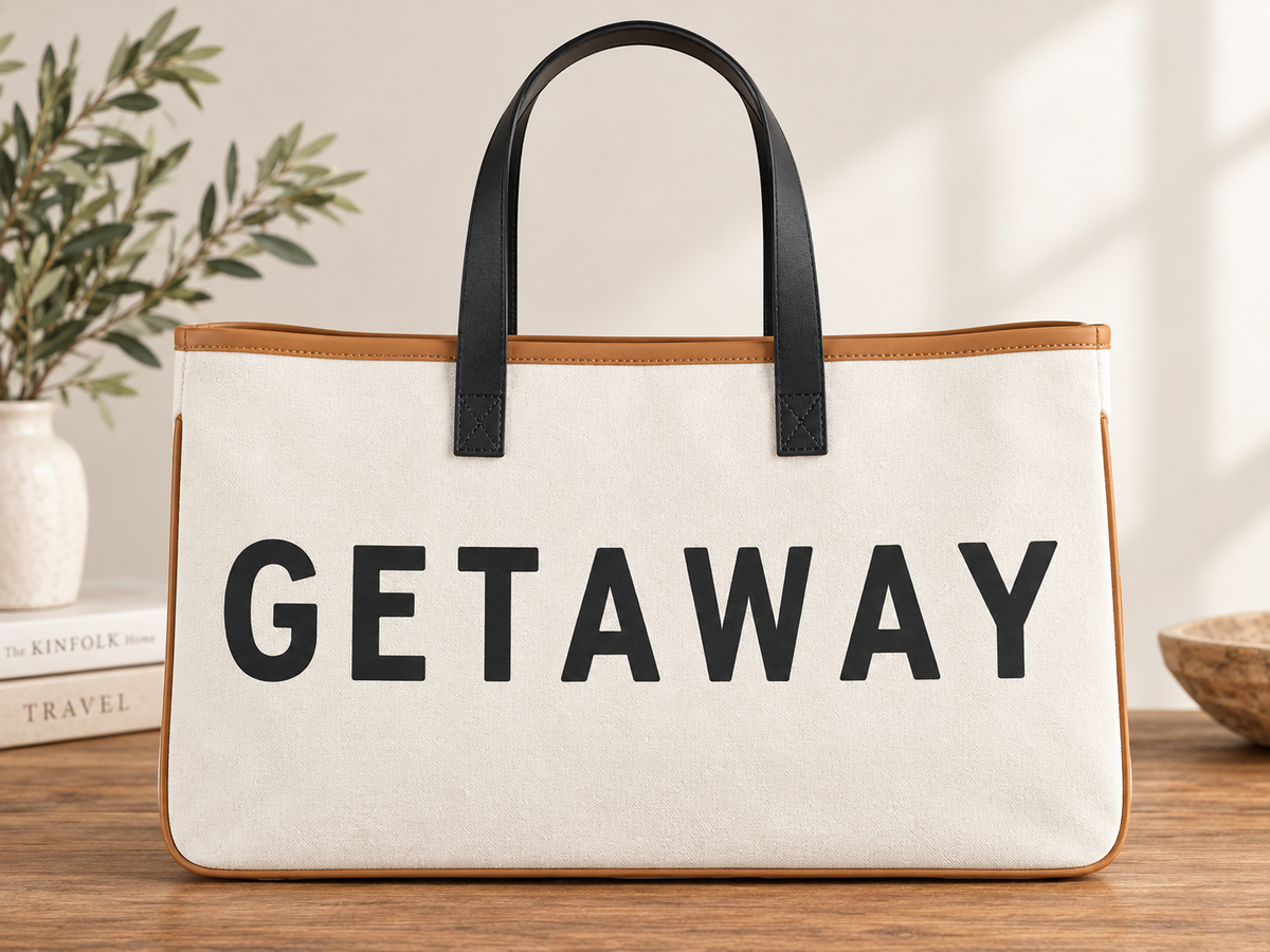 GETAWAY Canvas Tote Bag Genuine Leather Handles Large Travel Beach Weekender Shopper 20” x 11”