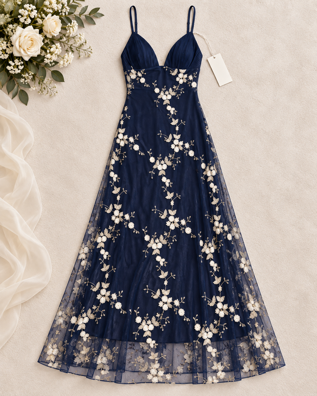 Alice + Olivia Navy Floral Embroidered Mesh Maxi Dress