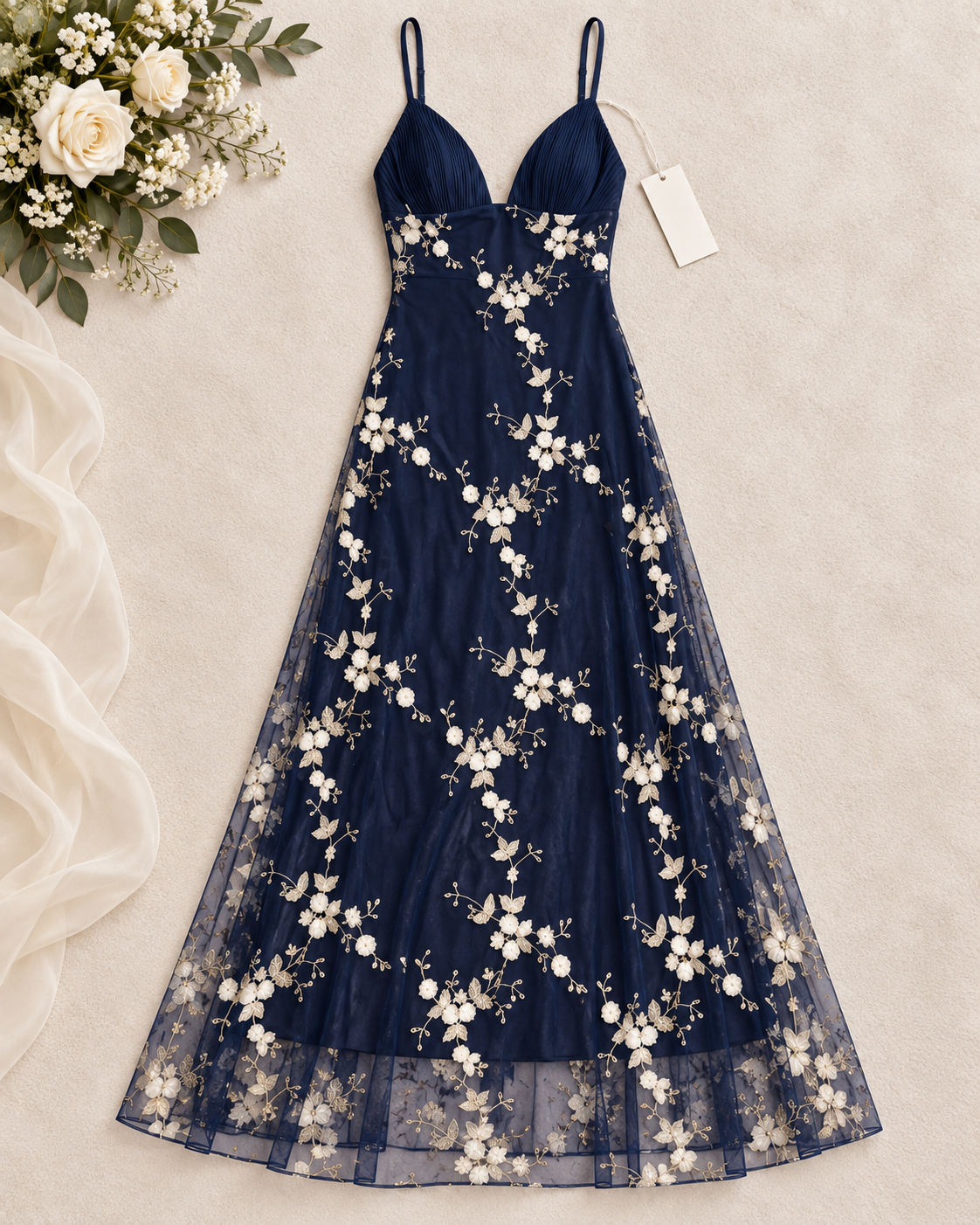 Alice + Olivia Navy Floral Embroidered Mesh Maxi Dress