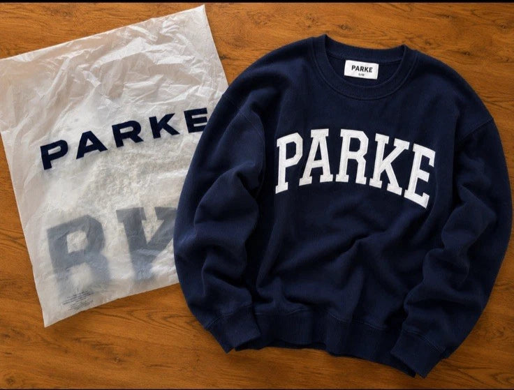 PARKE Navy Embroidered Collegiate Logo Oversized Crewneck Sweatshirt