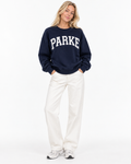 PARKE Navy Embroidered Collegiate Logo Oversized Crewneck Sweatshirt