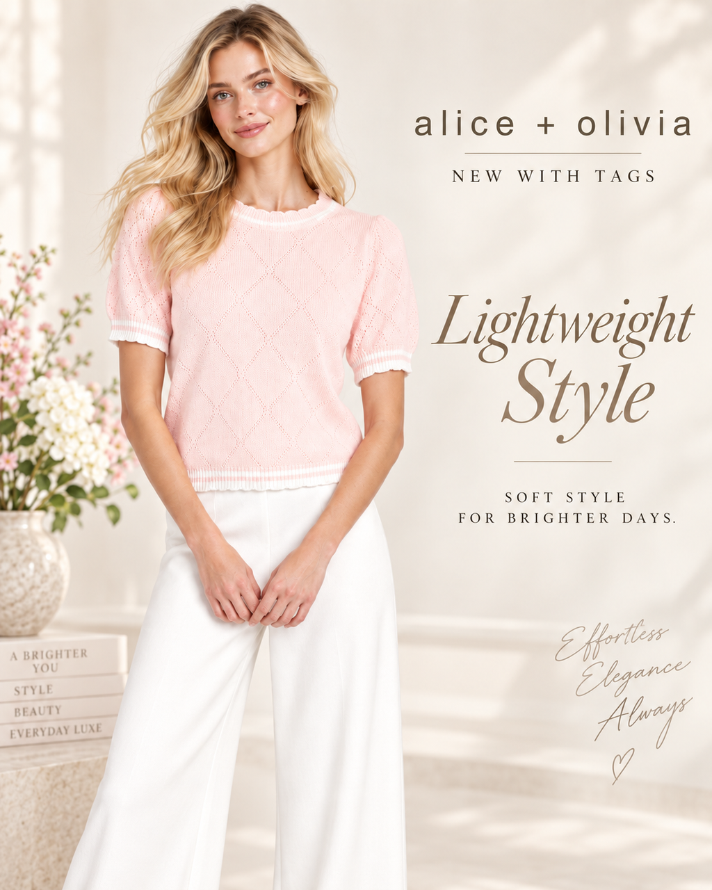 Alice + Olivia NWT Blush Pink Lightweight Pointelle Knit Short Sleeve Sweater Top