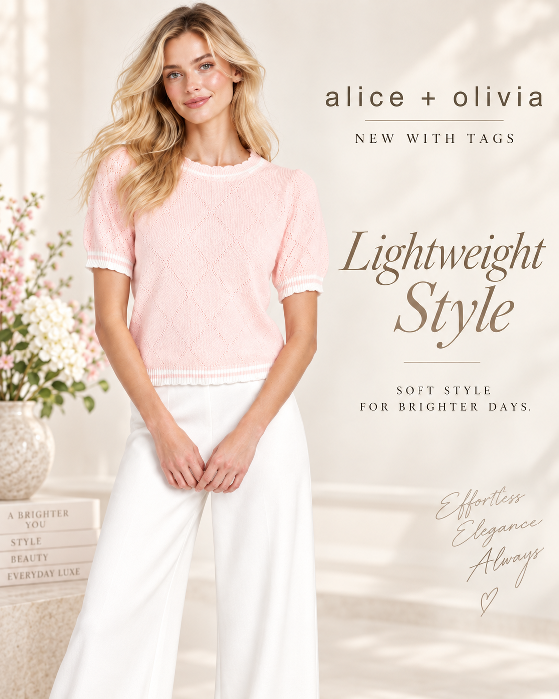 Alice + Olivia NWT Blush Pink Lightweight Pointelle Knit Short Sleeve Sweater Top