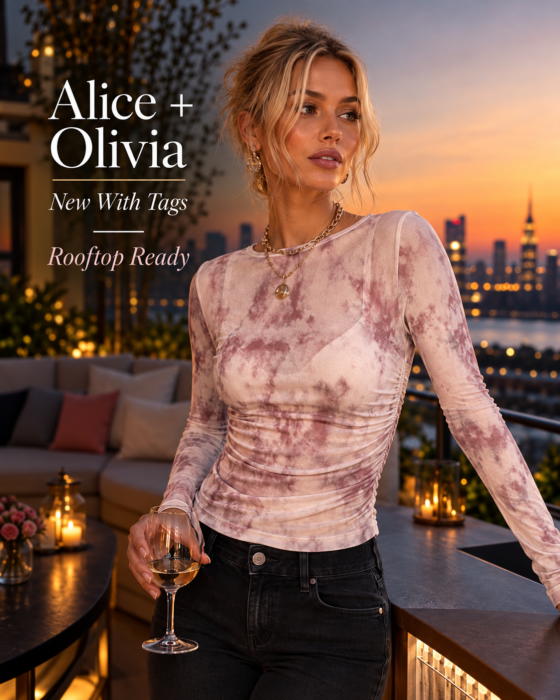 Alice + Olivia Semi-Sheer Ruched Blouse – Blush Tie-Dye