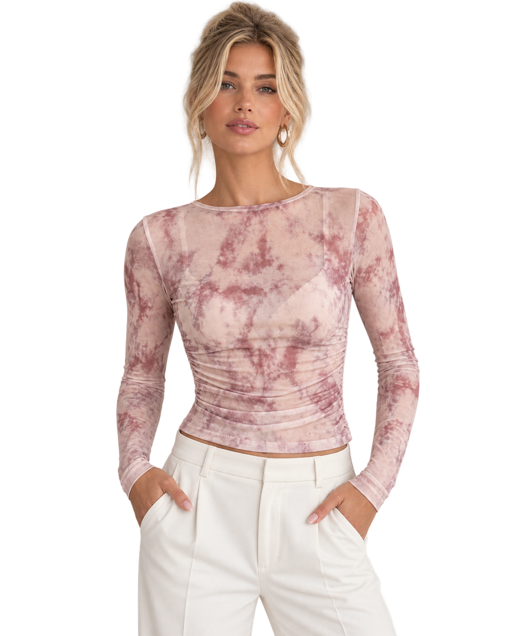 Alice + Olivia Semi-Sheer Ruched Blouse – Blush Tie-Dye