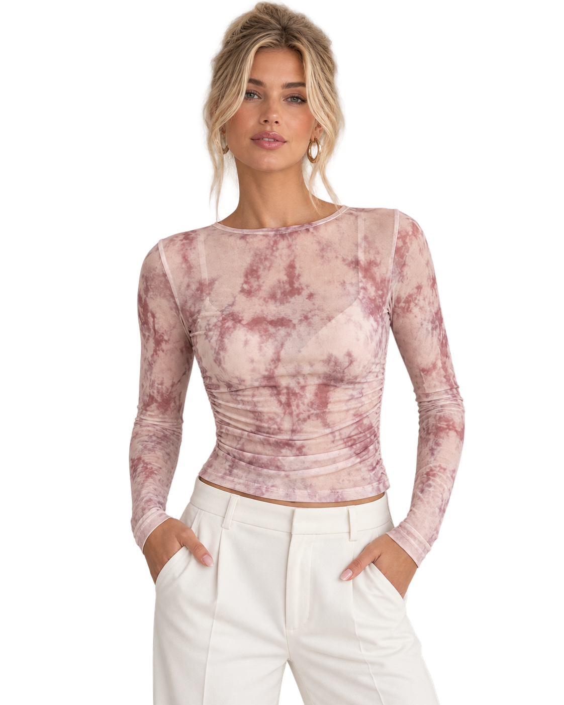 Alice + Olivia Semi-Sheer Ruched Blouse – Blush Tie-Dye