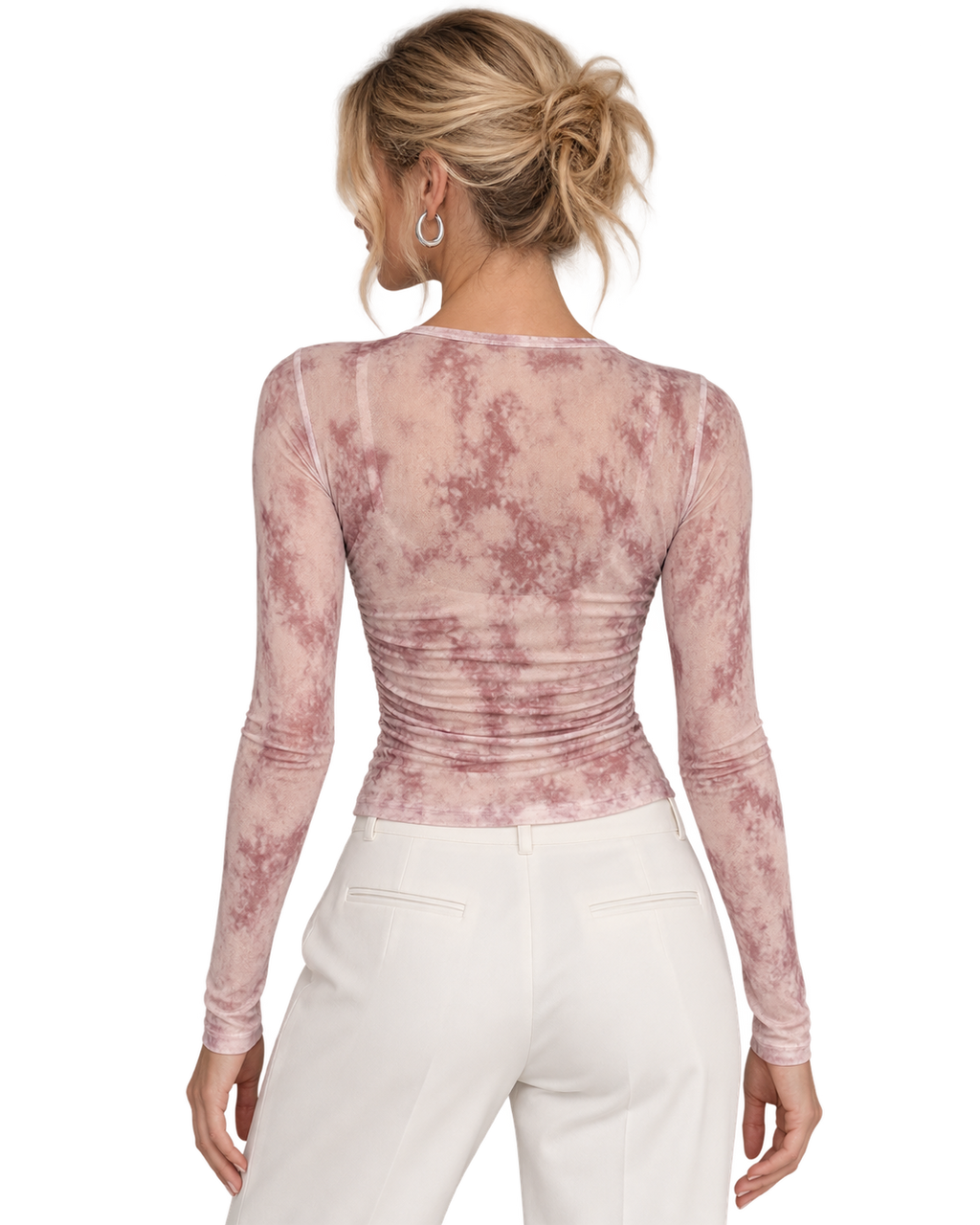 Alice + Olivia Semi-Sheer Ruched Blouse – Blush Tie-Dye