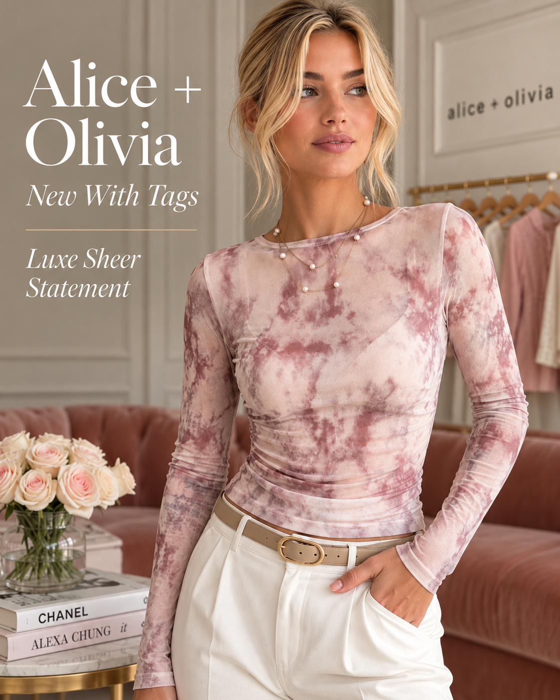 Alice + Olivia Semi-Sheer Ruched Blouse – Blush Tie-Dye