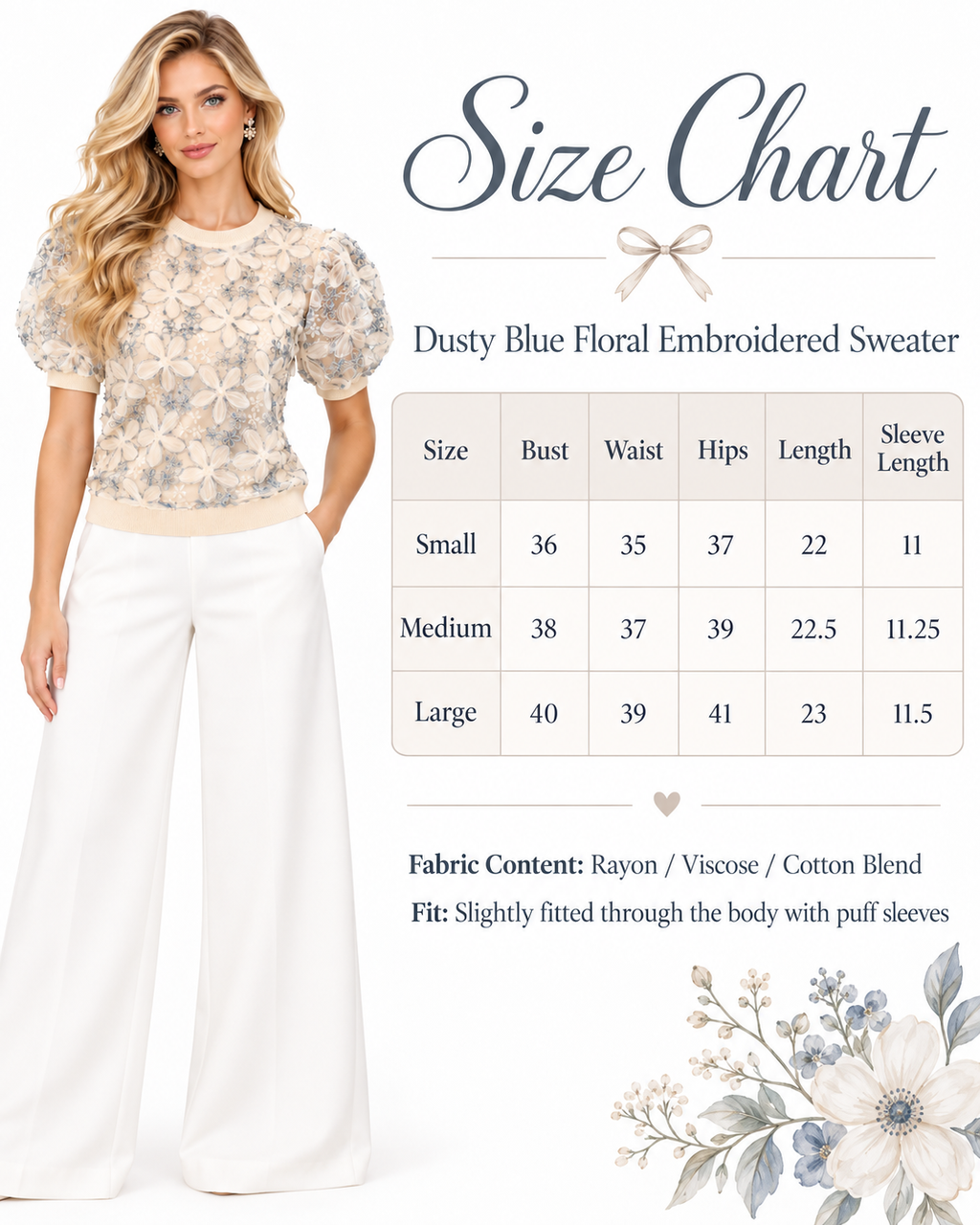 Alice + Olivia Dusty Blue Floral Embroidered Puff Sleeve Sweater Top