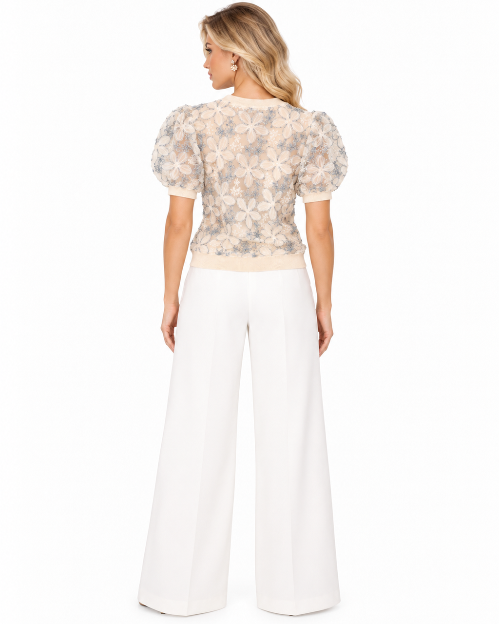 Alice + Olivia Dusty Blue Floral Embroidered Puff Sleeve Sweater Top