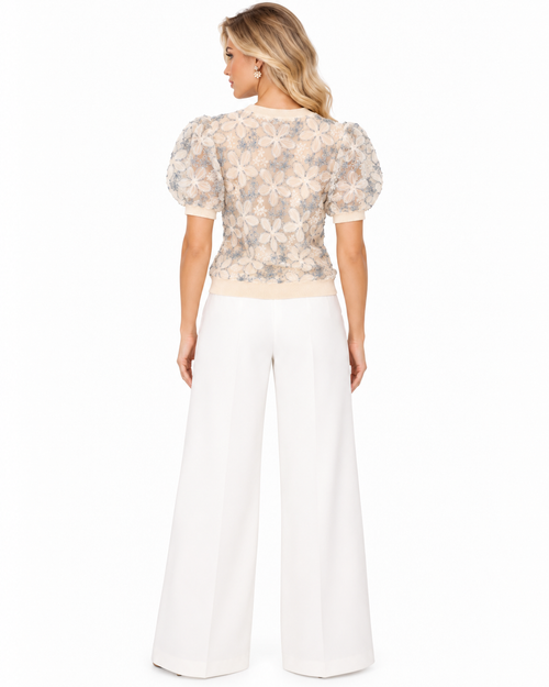 Alice + Olivia Dusty Blue Floral Embroidered Puff Sleeve Sweater Top