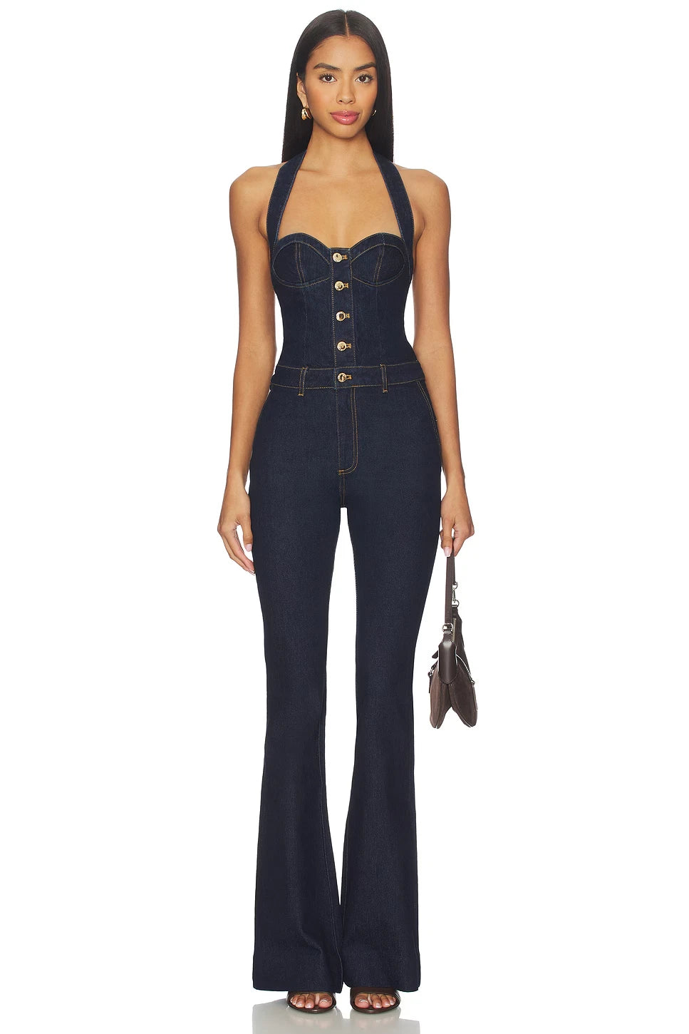 Retrofête Rhodes Denim Halter Jumpsuit Size M NWT Dark Indigo Corset Flare