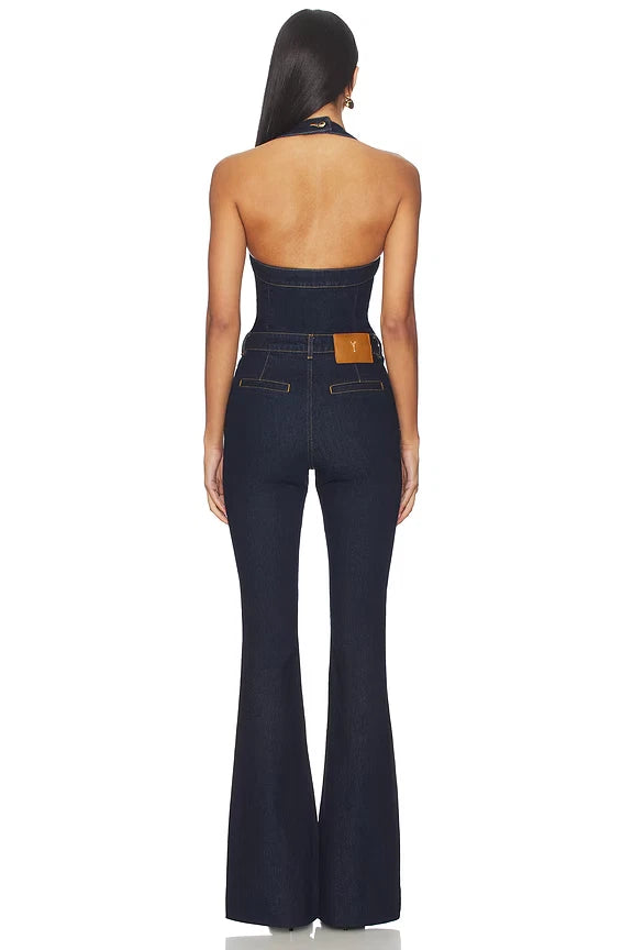 Retrofête Rhodes Denim Halter Jumpsuit Size M NWT Dark Indigo Corset Flare