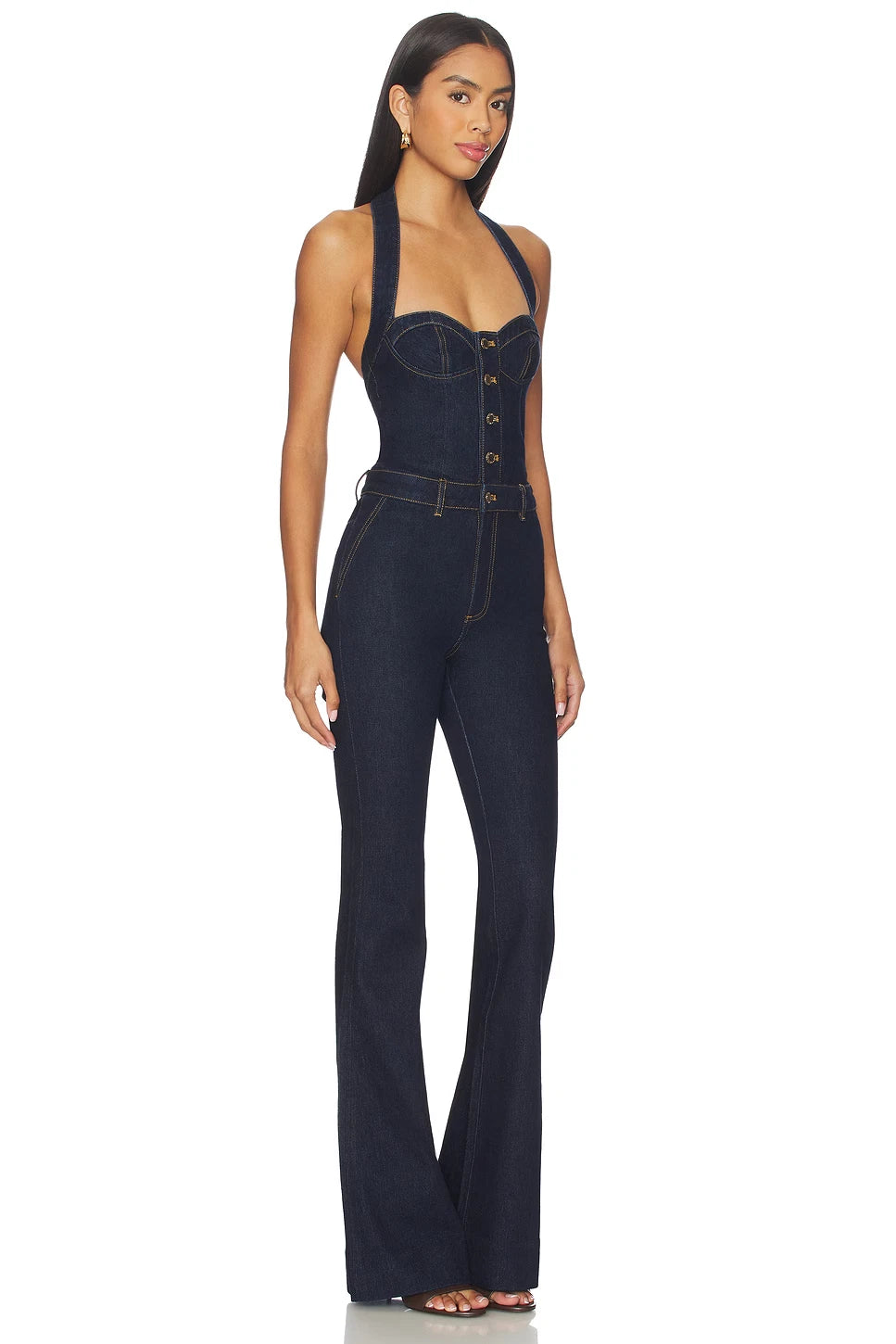 Retrofête Rhodes Denim Halter Jumpsuit Size M NWT Dark Indigo Corset Flare