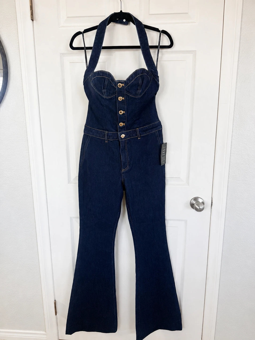 Retrofête Rhodes Denim Halter Jumpsuit Size M NWT Dark Indigo Corset Flare