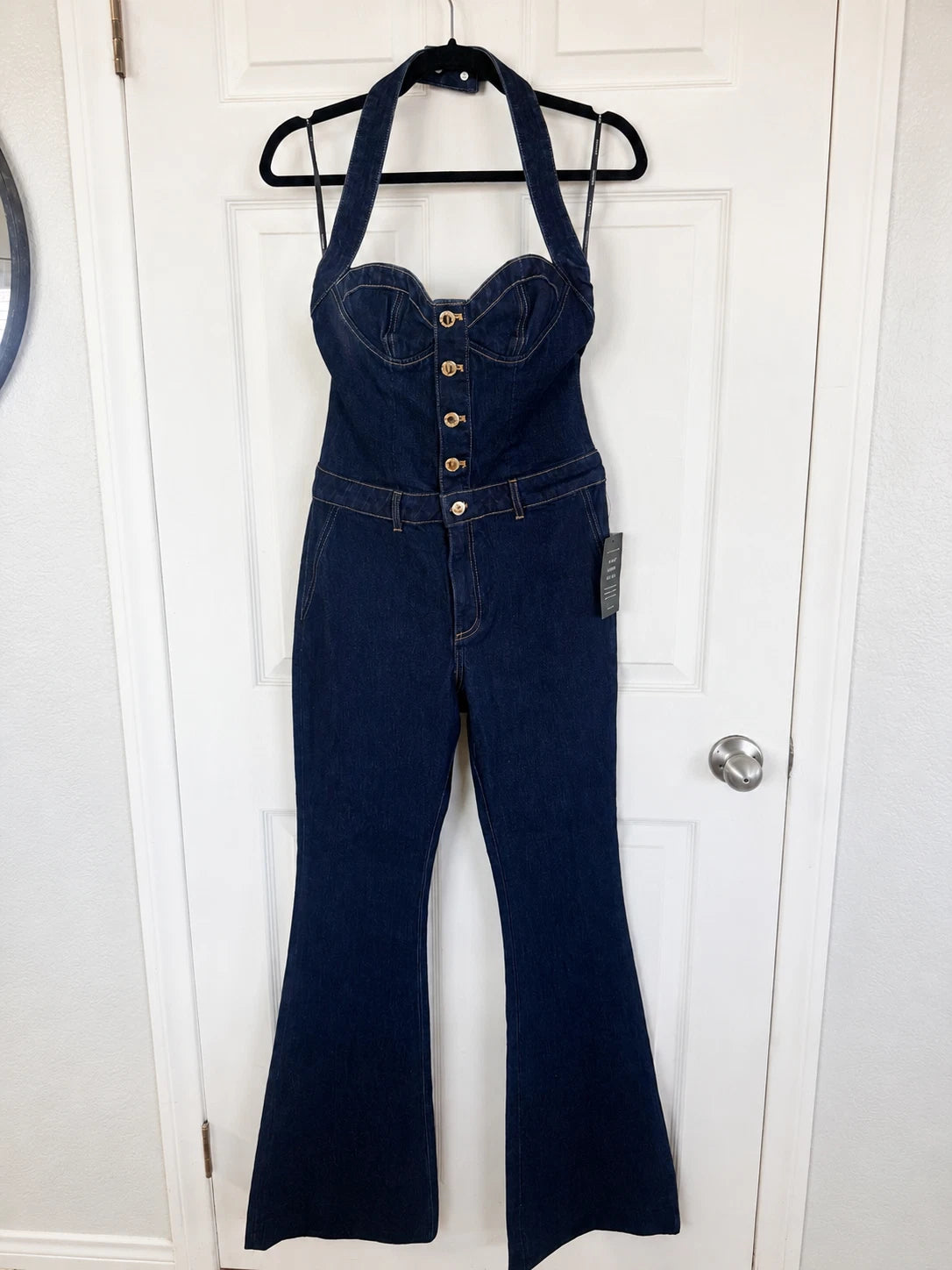 Retrofête Rhodes Denim Halter Jumpsuit Size M NWT Dark Indigo Corset Flare