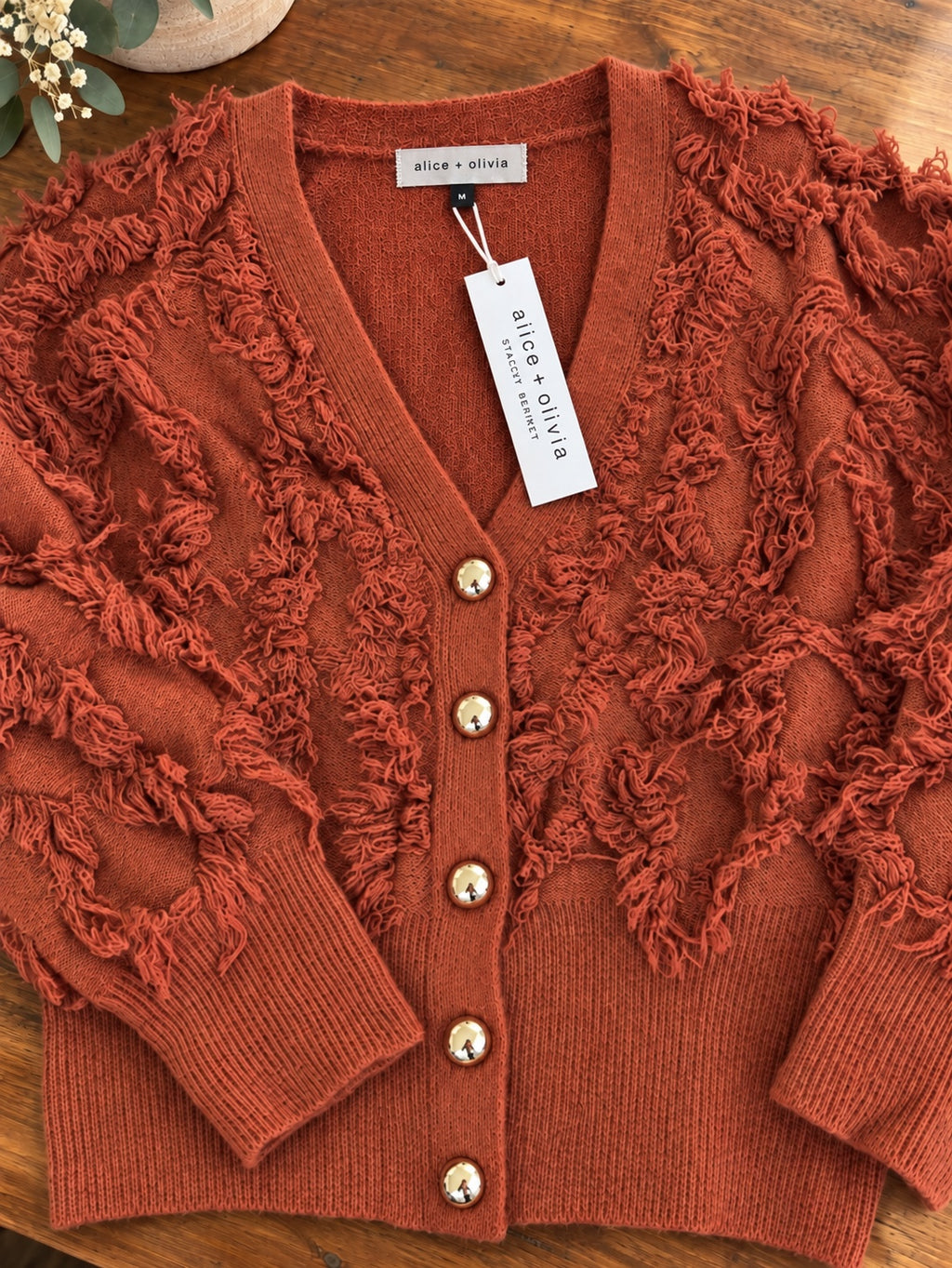 Alice + Olivia Textured Fringe Cardigan – Rust
