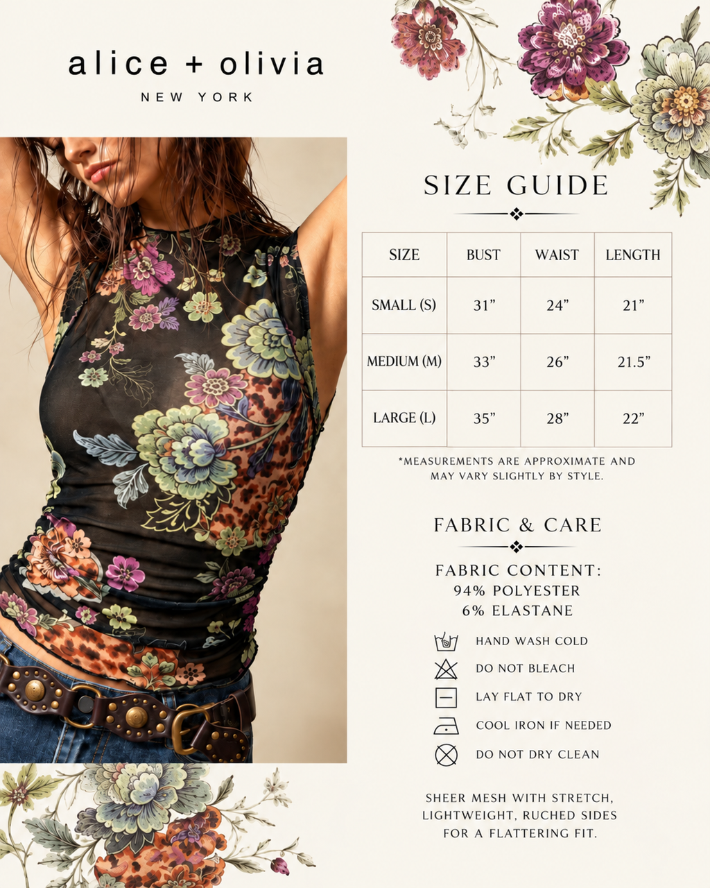 Alice + Olivia Sheer Floral Mesh Ruched Sleeveless Blouse Top Black Multicolor