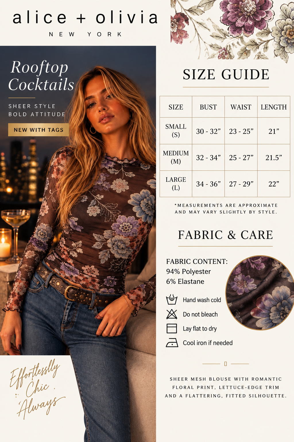 Alice + Olivia Floral Mesh Semi-Sheer Ruched Blouse
