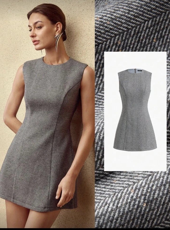 Veronica Beard Gray Herringbone Tweed Mini Dress Sleeveless Tailored