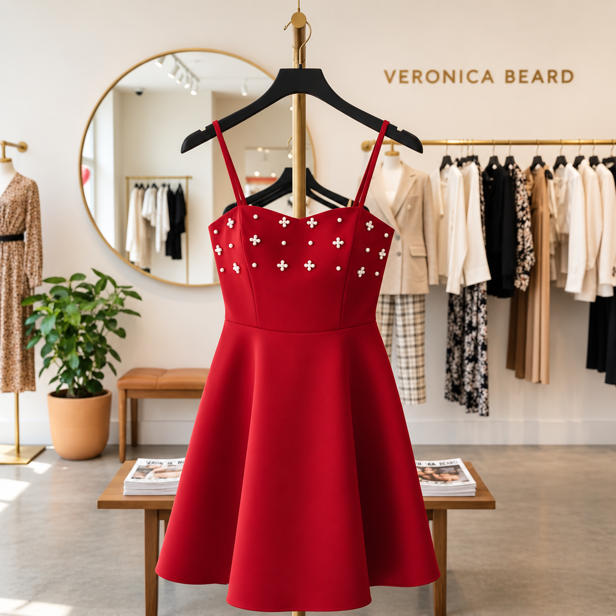 Veronica Beard Red Embellished Mini Dress Pearl Detail Fit & Flare Cocktail Dress