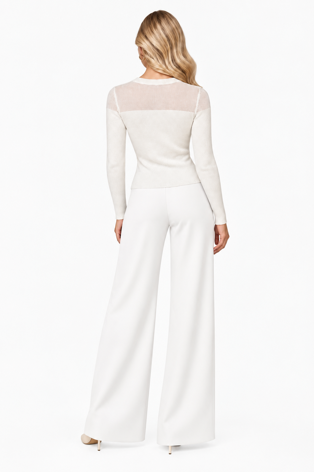Alice + Olivia Ivory Sheer Yoke Soft Knit Sweater White Long Sleeve Top