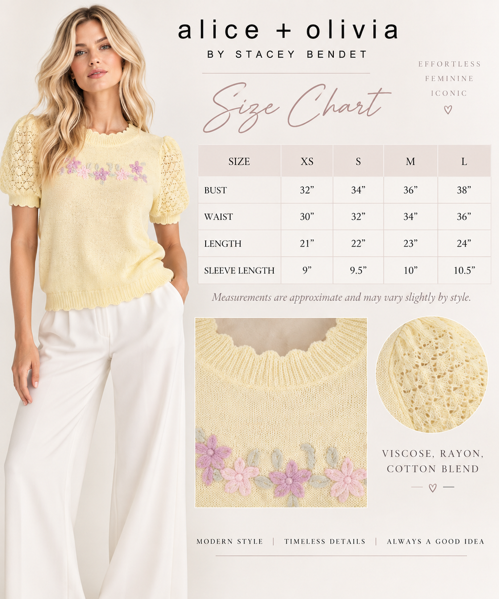 Alice + Olivia Butter Yellow Floral Embroidered Crochet Knit Sweater Top