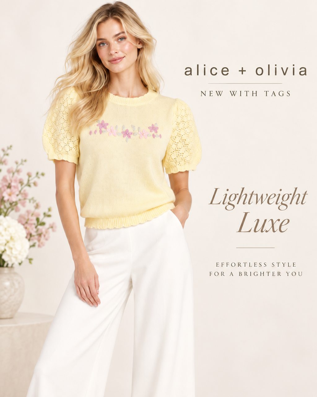 Alice + Olivia Butter Yellow Floral Embroidered Crochet Knit Sweater Top
